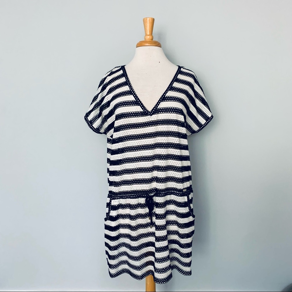 Calvin Klein White Black Striped Swim Beach Pool Cover Up Size L XL